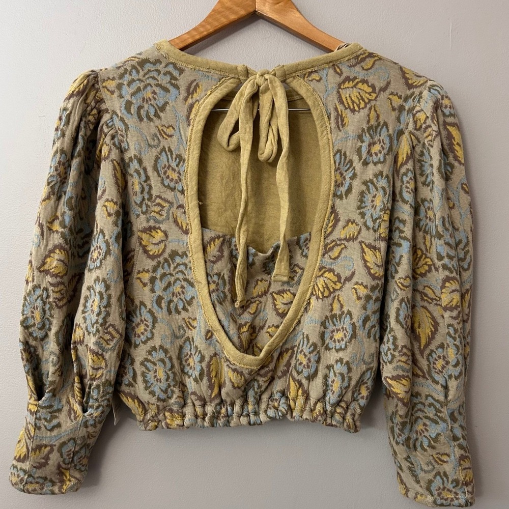Free People Shirt Womens Medium Floral Jacquard‎ Puff Sleeve Open Back Boho NWT - Picture 2 of 7